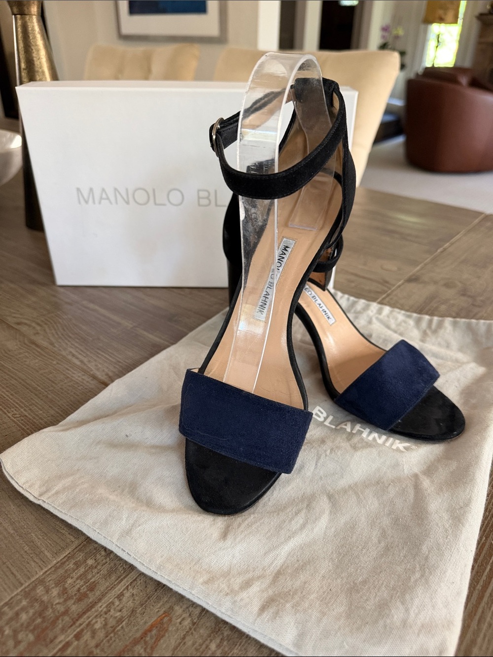 Manolo Blahnik Black and Navy Suede Ankle-Strap Heels